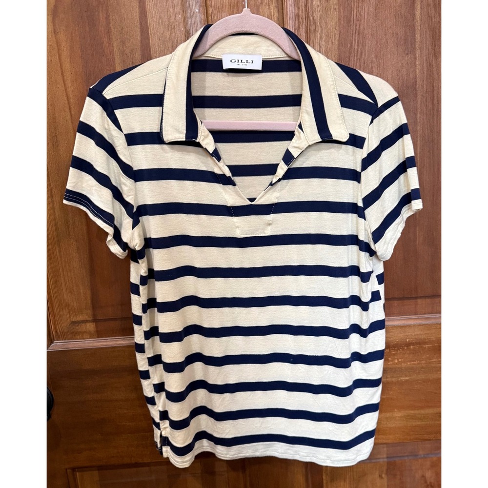 Gilli Striped Polo Shirt Womens Tan Navy‎ Short Sleeve V Neck Casual Size M